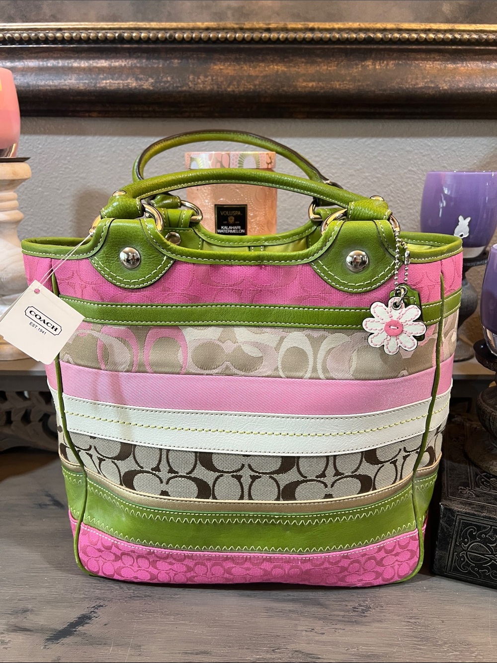 NWT COACH bleecker striped patchwork DAISY tote bag signature C